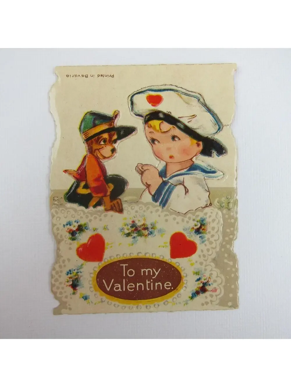 Vintage Valentine Card Cutout Stand Up Boy Sailor Cap & Dog Bavaria UNSIGNED